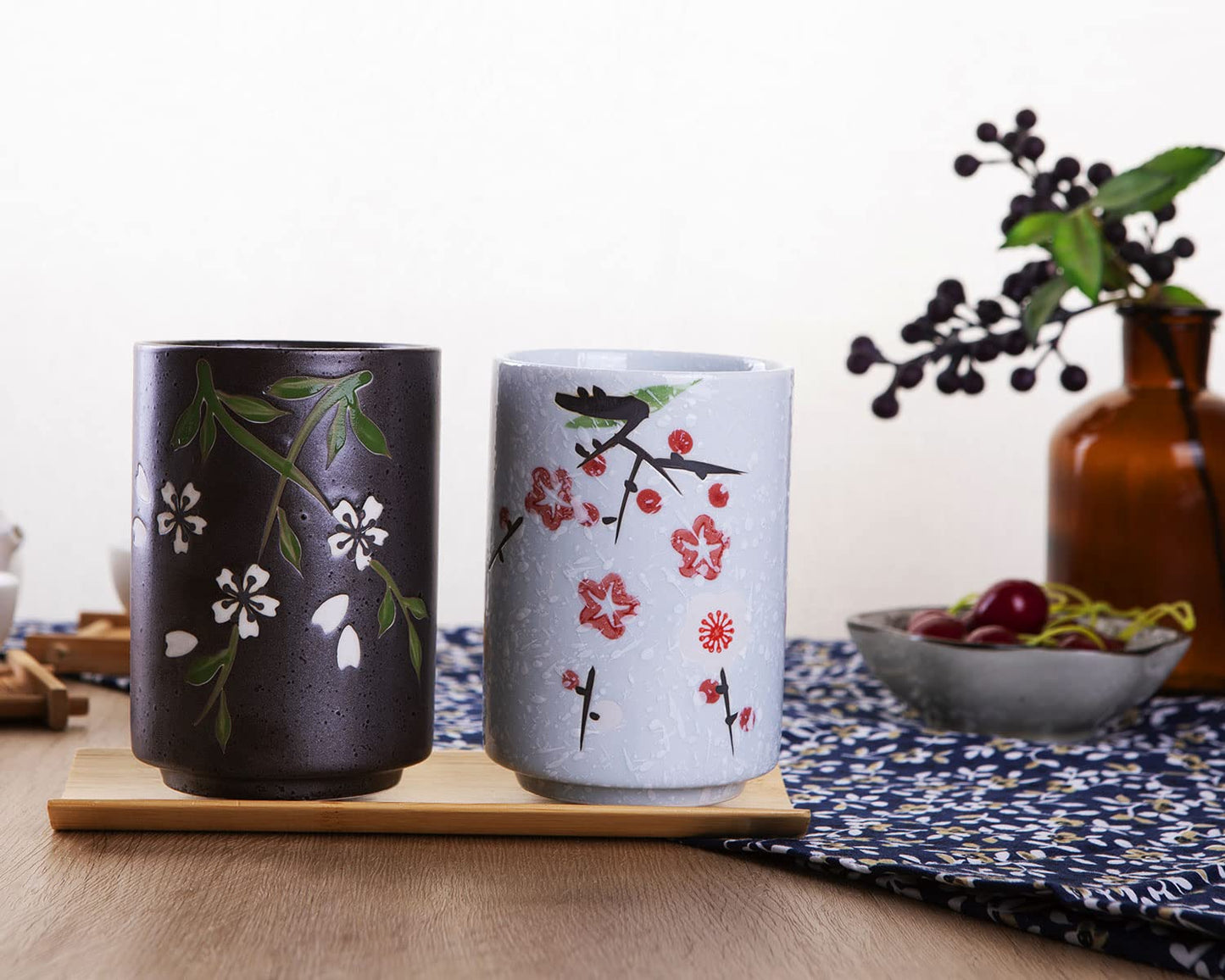 10oz Transitional Chinese/Japanese style Handle-less Ceramic Tea cups teacup, Flora Pattern Set of 2