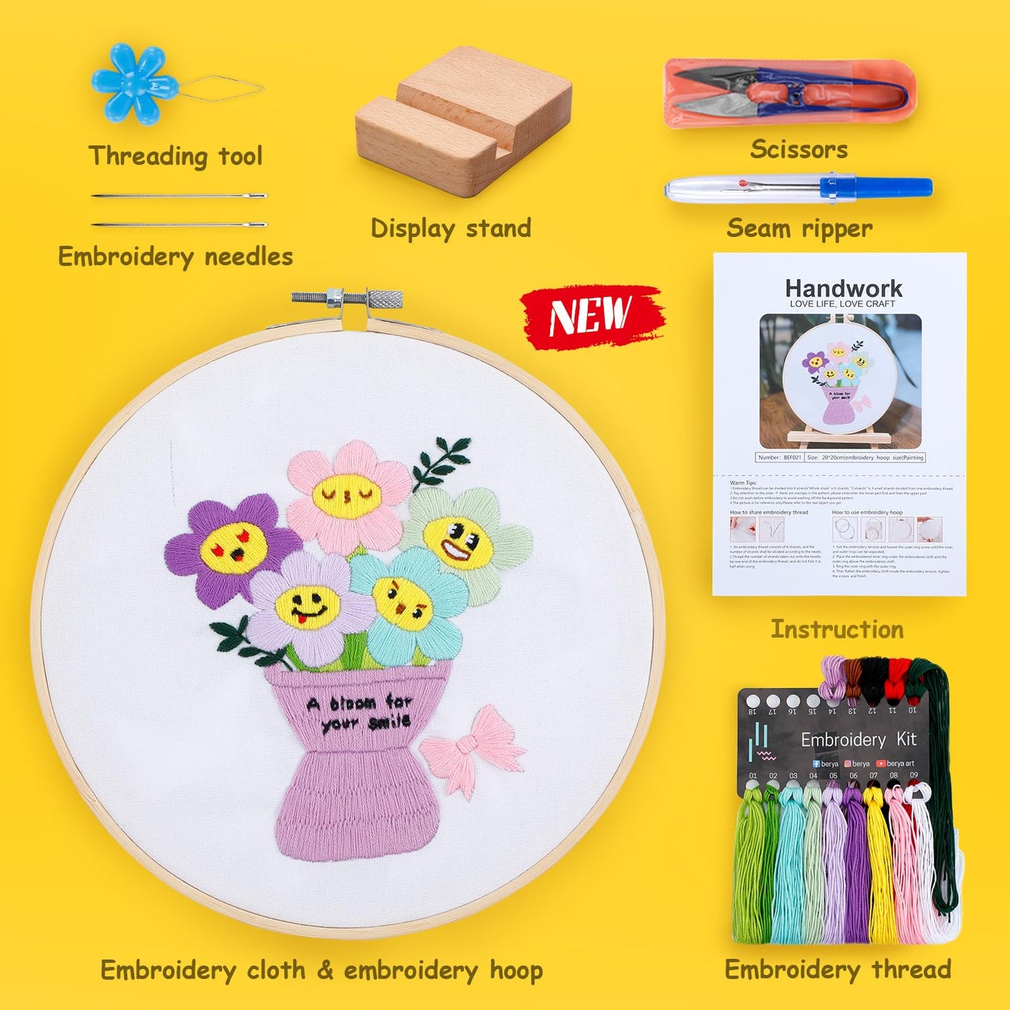 Embroidery Kit for Adult Beginners, Funny Flower Embroidery Kit with Step-by-Step Instructions & Video, Printed Cloth, 7.87" Hoop, Display Stand, Color Threads and Tools for Craft Lover(BEF021)