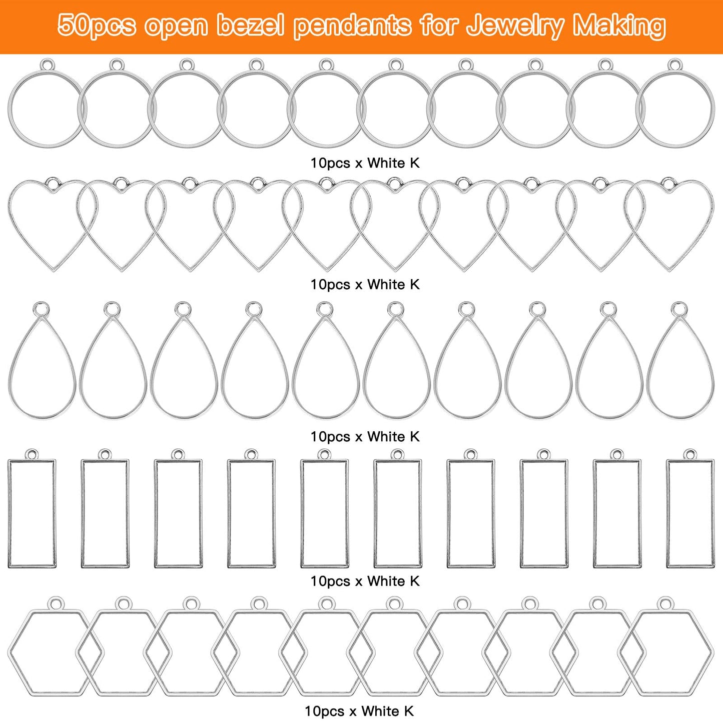 50pcs Open Bezels 5 Styles Open Frame Pendant Open Back Bezel Pendants Geometric Hollow Frame Pendant for Resin Casting, Necklace, Earrings, Pressed Flower, DIY Crafts(White K)