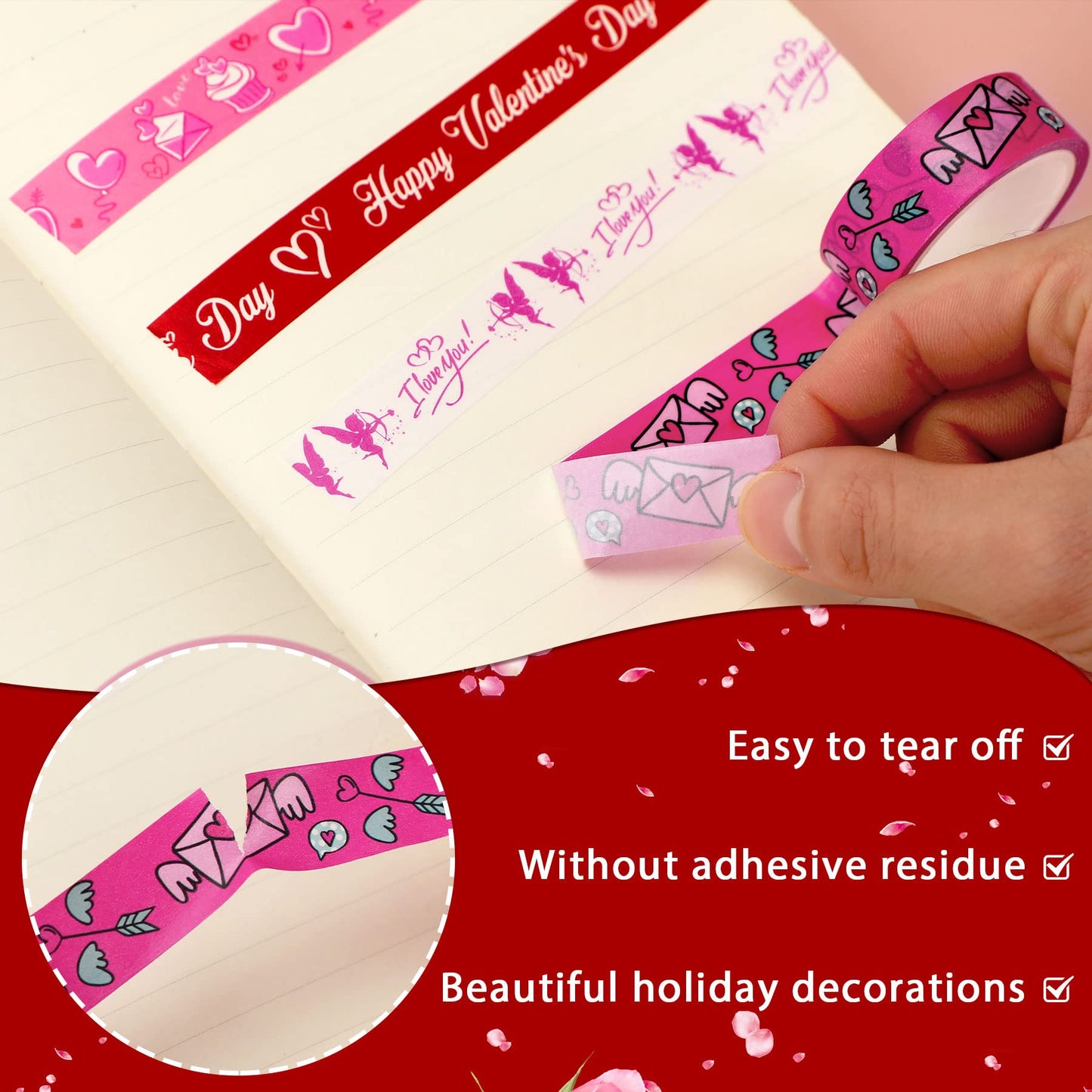 12 Rolls Valentine's Day Washi Tape 15mm Red Pink Love Valentines Masking Tapes Wedding Party Decorations for DIY Scrapbook Journal Card and Gift Wrapping