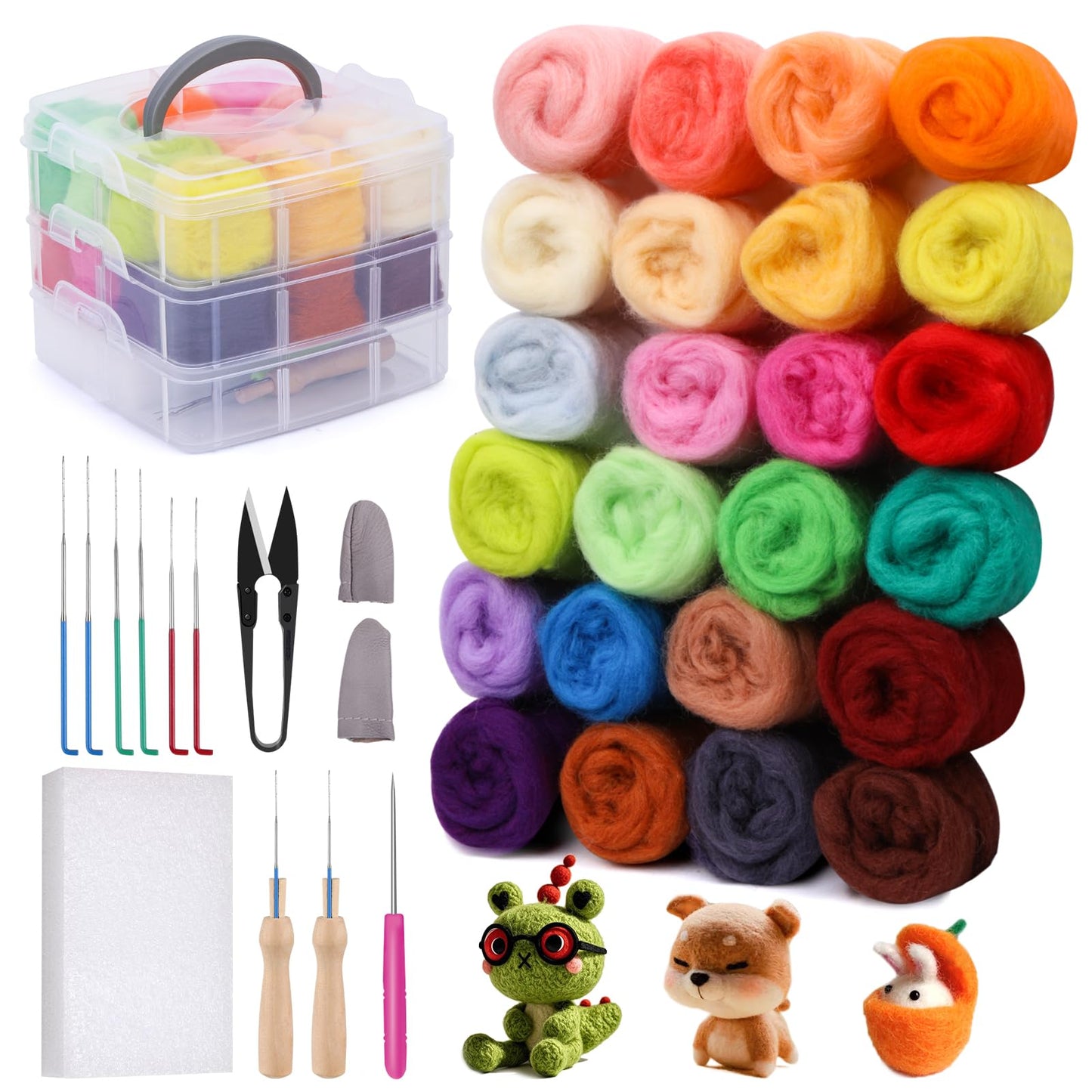 Needle Felting Kit, 24 Colors Wool Roving (5g/Color), Complete Needle Felting Starter Kit with Needle Felting Supplies Wool Fibre Spinning Craft Felting Kits for Beginners