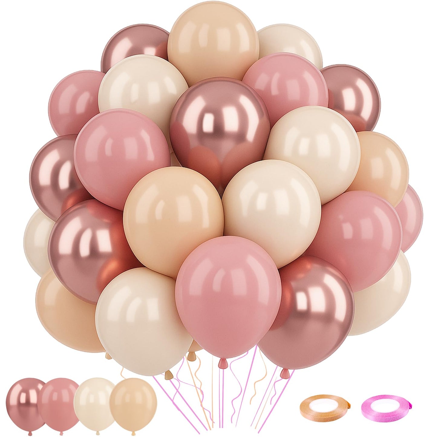 Patimate Retro Blush Pink Balloons Set, 50 pcs 12 inch Metallic Rose Gold Dusty Pink Pastel Orange Nude Latex Balloons Kit for Birthday Bridal Shower Bachelorette Boho Baby Shower Party Decorations