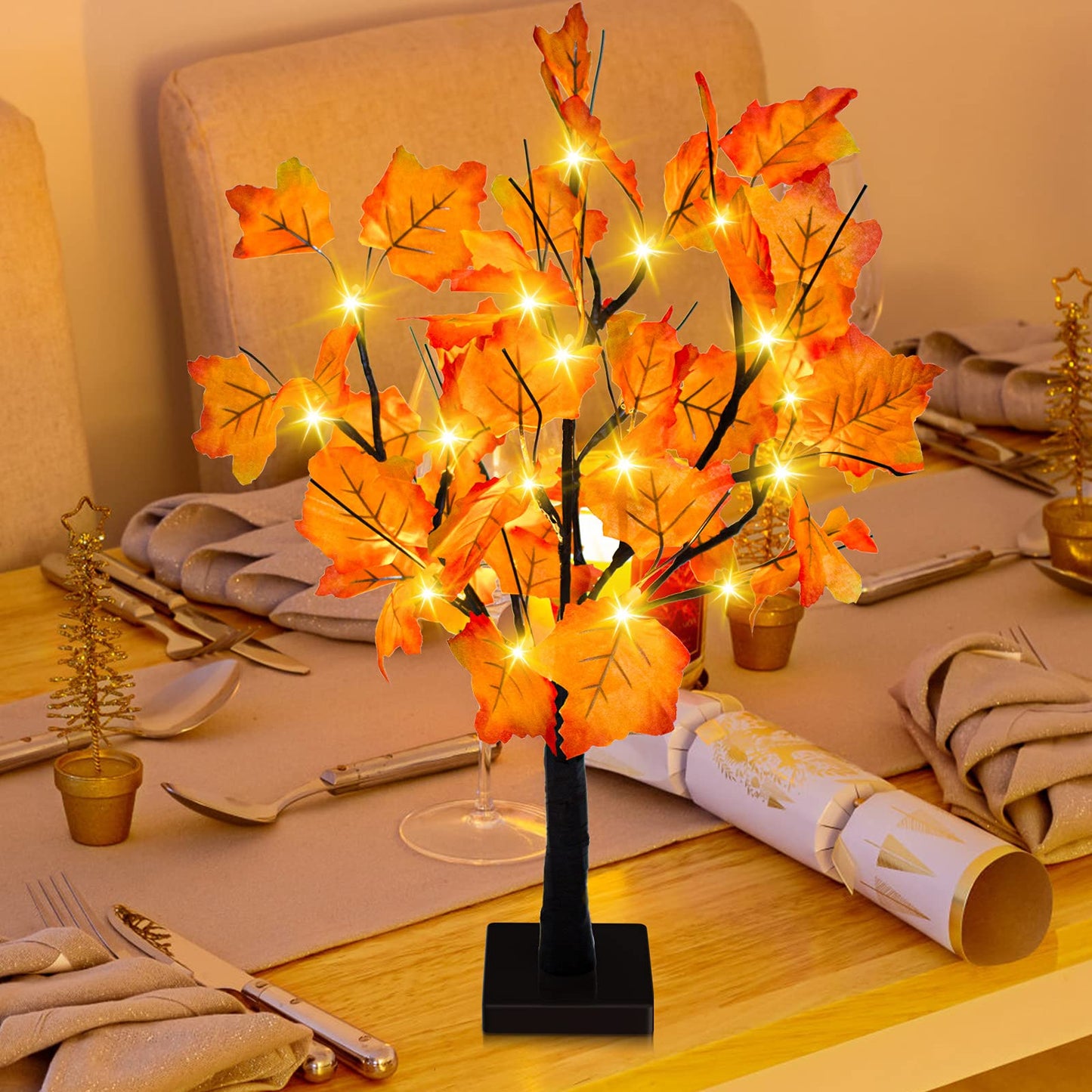 2 Pack 24-inch Fall Lighted Maple Tree, 48 LED Lights, Thanksgiving Decoration Table Tree, Battery Operated DIY Artificial Tree, Centerpieces Decor Tree for Home Desktop Autumn Harvest Tabletop Indoor