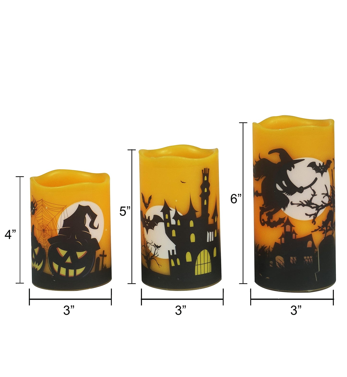 CANDLE CHOICE Halloween Flameless Candles with Remote Timer Real Wax Realistic Flickering Battery Operated LED Pillars with Decals Pumpkin Castle Bat Spider Witch for Halloween Party Decorations 3 PCS