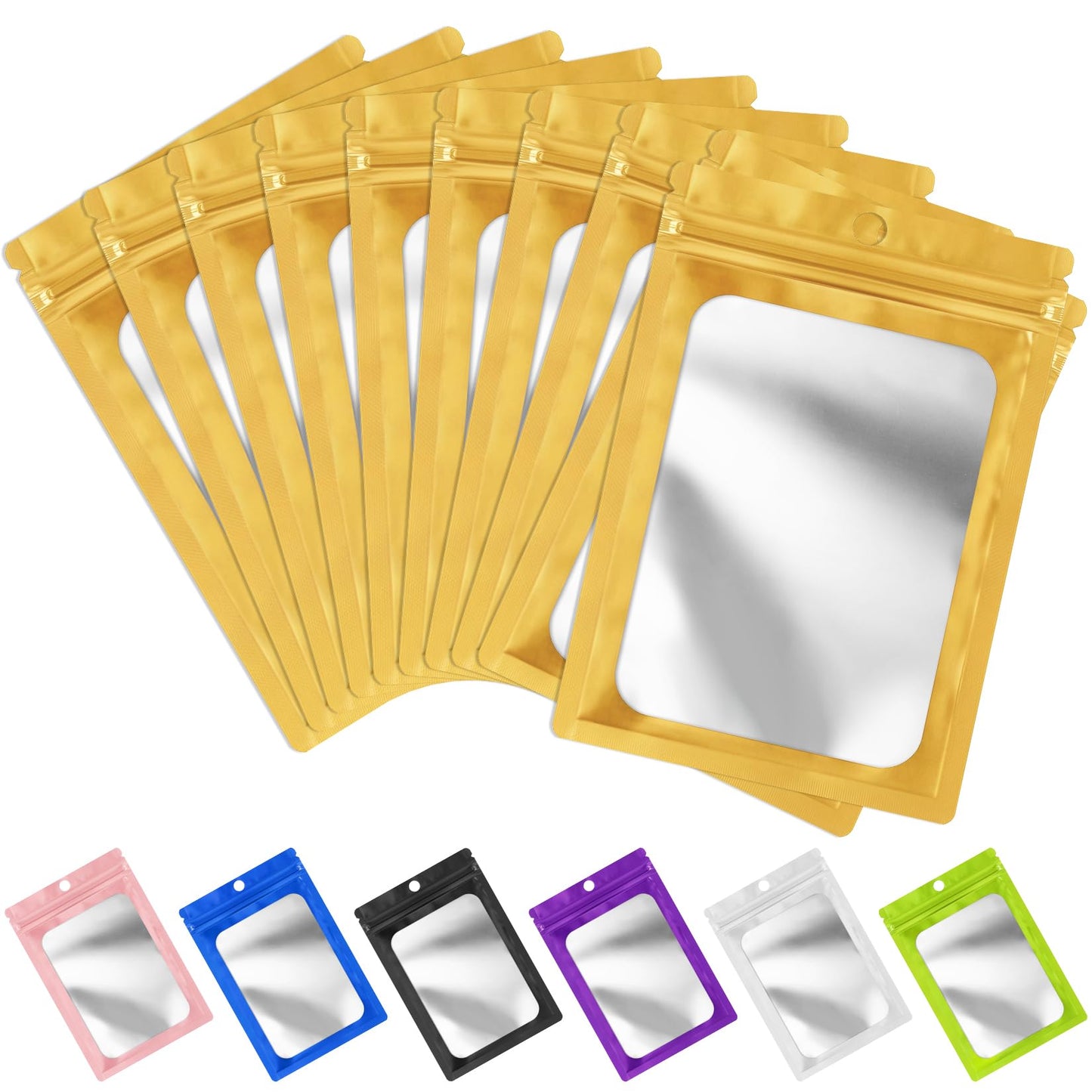 FUNFERY 100 Pack Mylar Resealable Bags Foil Packaging Bags with Clear Window,Zipper Pouch Smell Proof Bag for Food Storage,Cookies,Sample,Small Business(Gold,3x4.7inch)