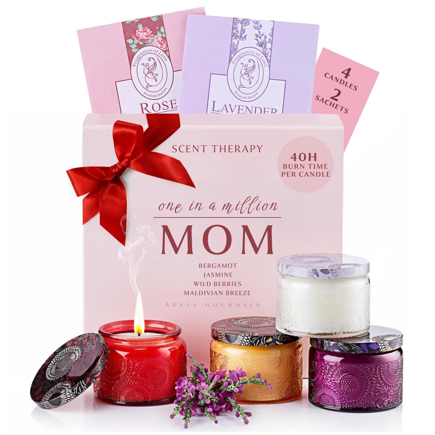 ADELEGOURDAIN Scented Candle Set - 4 Candles and 2 Sachets - Aromatherapy Scents for Birthday Gifts for Mom - Over 160-Hour Burn Time for Mom Birthday Candles, Relaxation & Holiday Gift Idea