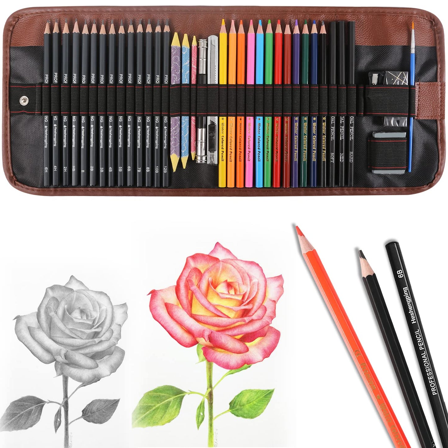 41pcs Sketching Pencil Set Drawing Sketch Kit Graphite Pencils Charcoal Pencils Watercolor Pencils Blending Stumps 50page sketchbook, coloring book, Beginners Artist Teens and Adults
