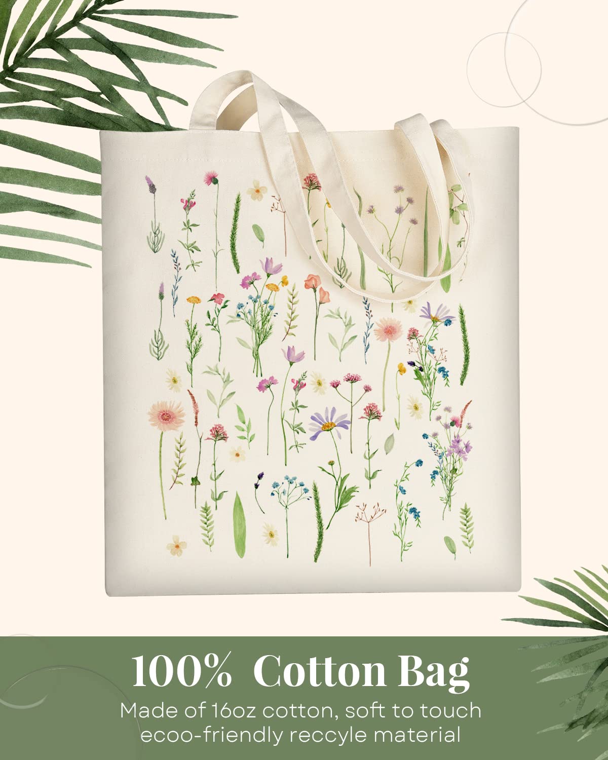 AUSVKAI Canvas Tote Bag Aesthetic for Women, Cute Trendy Wildflowers Reusable Cloth Cotton Bags with Handle for Grocery college Shopping Beach