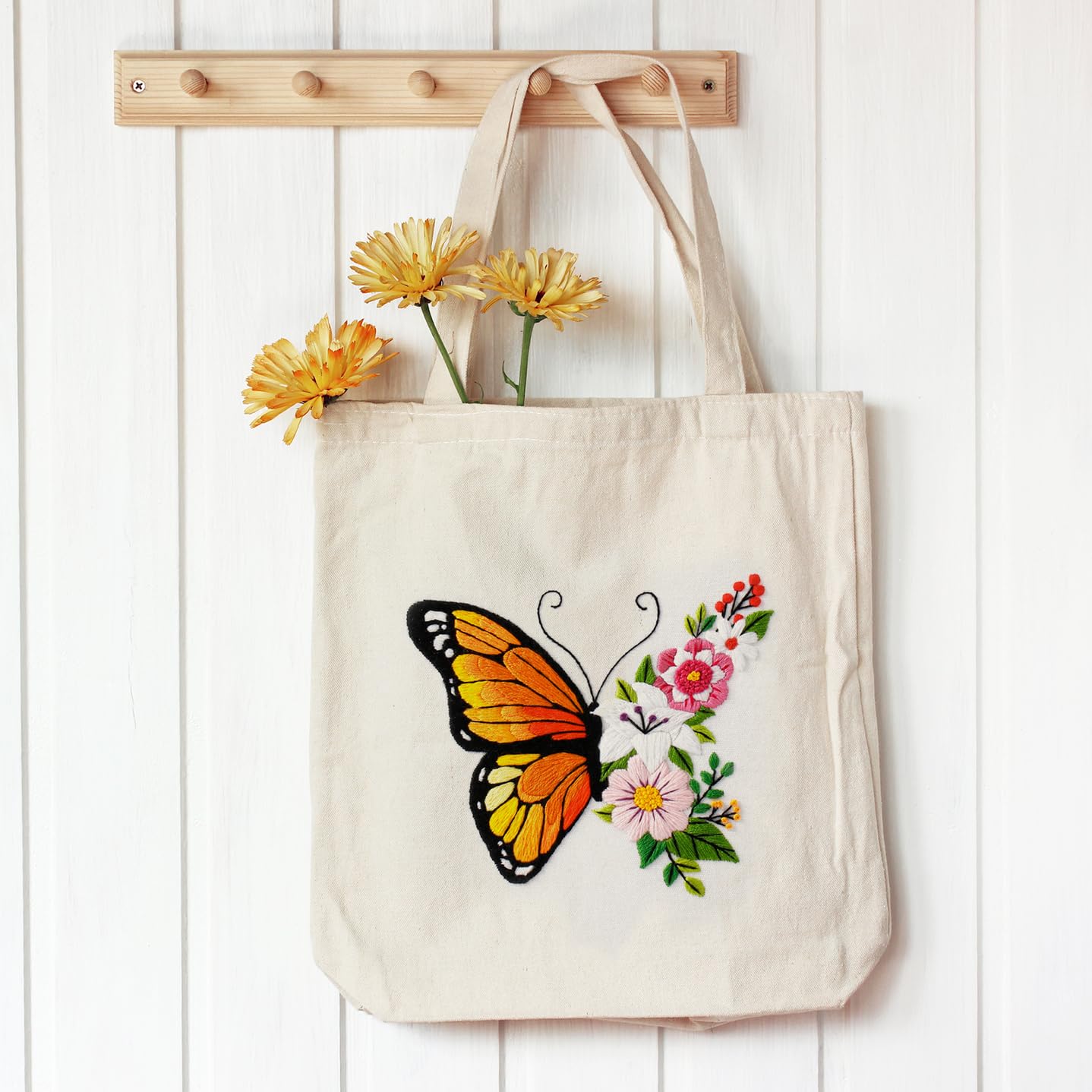 Embroidery Kit Canvas Tote Bag for Beginners,Cross Stitch Kits for Adults,DIY Needlepoint with Butterfly Floral Pattern,Women Shopping Reusable Grocery Bags