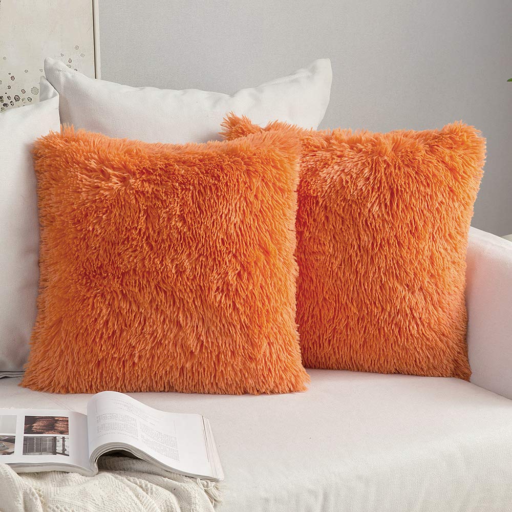 MIULEE Pack of 2 Luxury Faux Fur Throw Pillow Cover Deluxe Fall Decorative Plush Pillow Case Cushion Cover Shell for Sofa Bedroom Car 18x18 Inch Orange Halloween