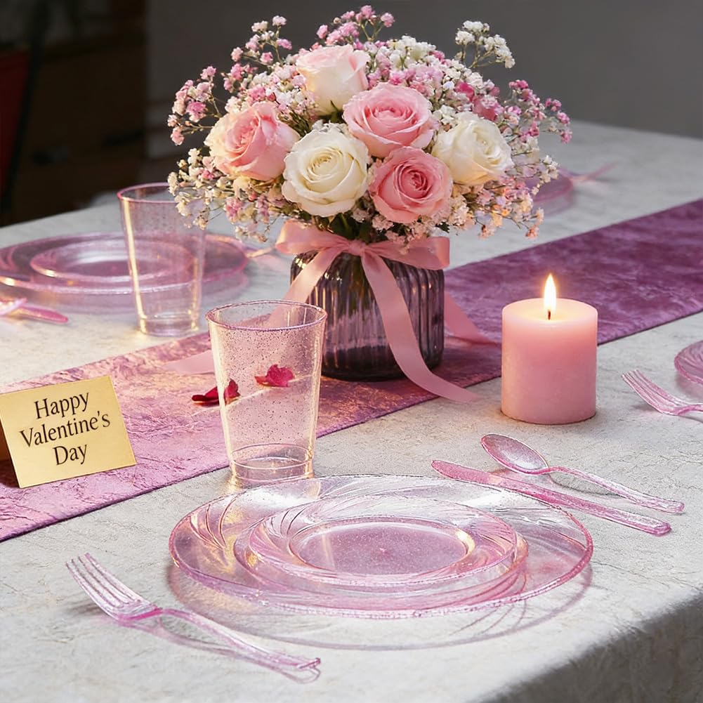 WDF Rose Gold Pink Plastic Plates with Pink Plastic Silverware include 40 Dinner & Salad Plates, 40Forks, 40 Knives, 40 Spoons for Wedding/Party/Valentine's Day