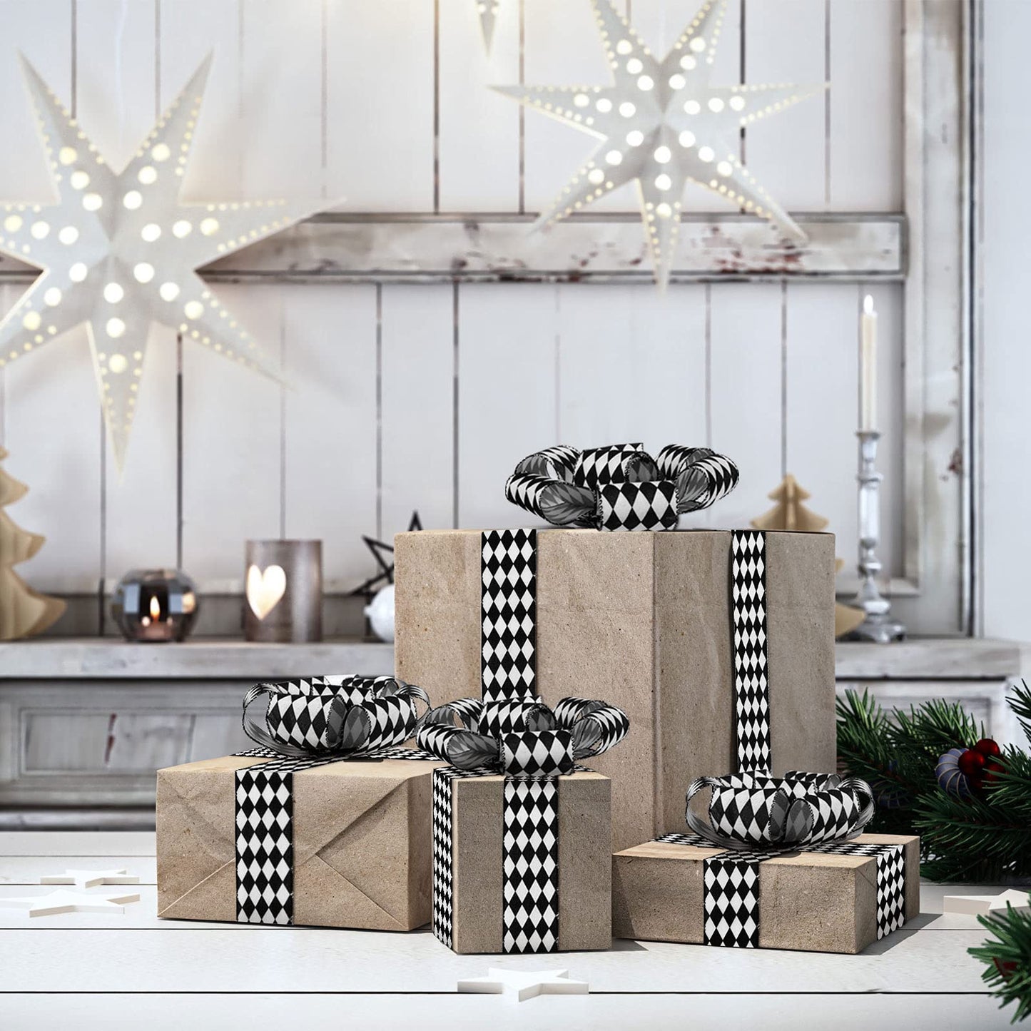 2 Rolls Christmas Checkered Ribbon Black and White Check Ribbon Diamond Check Wired Edge Ribbon Diamond Pattern Decorative Ribbons for Christmas Fall Tree Wrapping DIY Crafts (2.6 Inch)