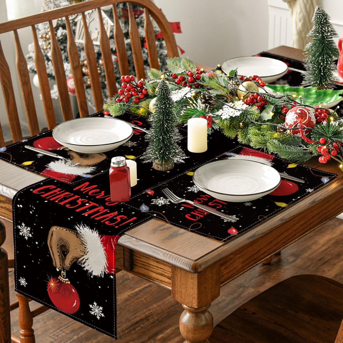 Xmas Ball Merry Christmas Placemats Set of 4, 12x18 Inch Seasonal Winter Holiday Black Table Mats for Party Kitchen Dining Decoration