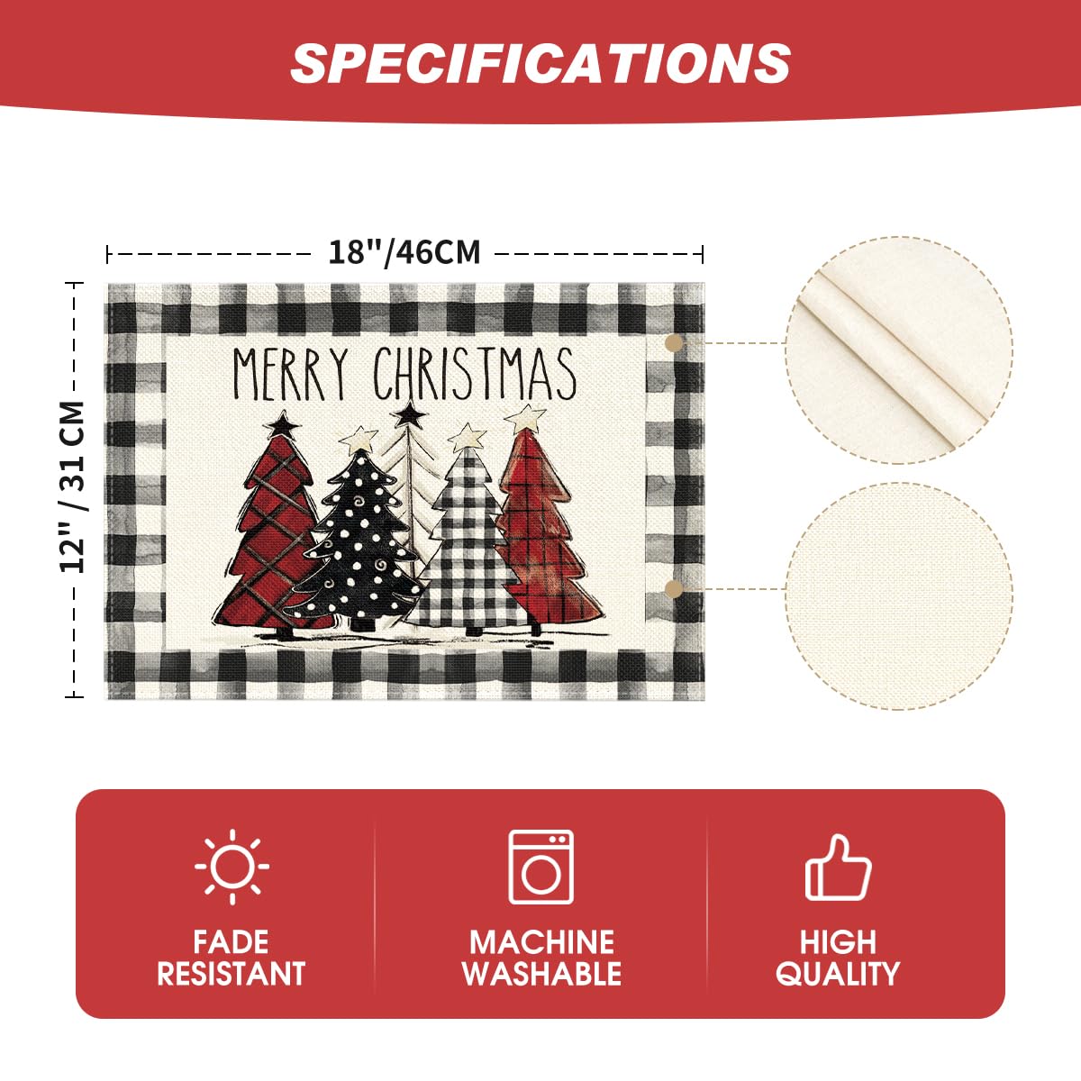 Artoid Mode Waterclor Buffalo Plaid Christmas Trees Placemats Set of 6, 12x18 Inch Winter Table Mats for Outdoor Home Party Kitchen Dining Decor