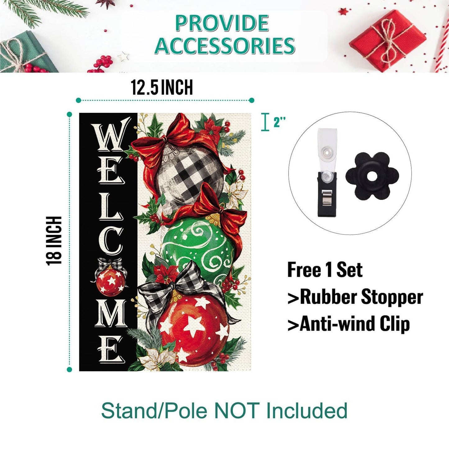 Baccessor Christmas Garden Flag 12.5 x 18 Inch Double Sided Burlap Winter Red Xmas Ball Ornament Small Yard Flag Winter Holiday Seasonal Outdoor Outside Decoration