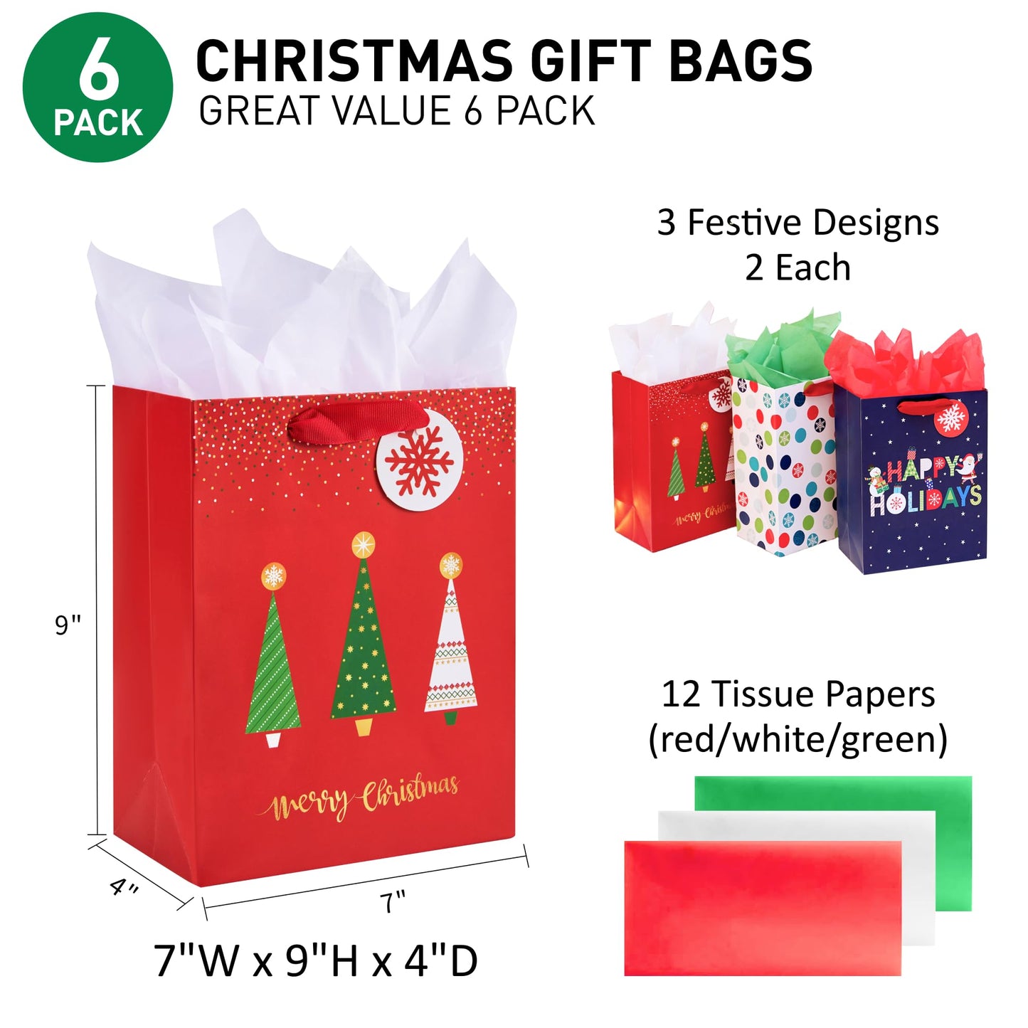 Small Christmas Gift Bags with Tissue Paper, 6 Pack Holiday Theme Bags in 3 Festive Designs, 7x9x4 Inches, Red Navy White with 12 Sheets Tissue Paper
