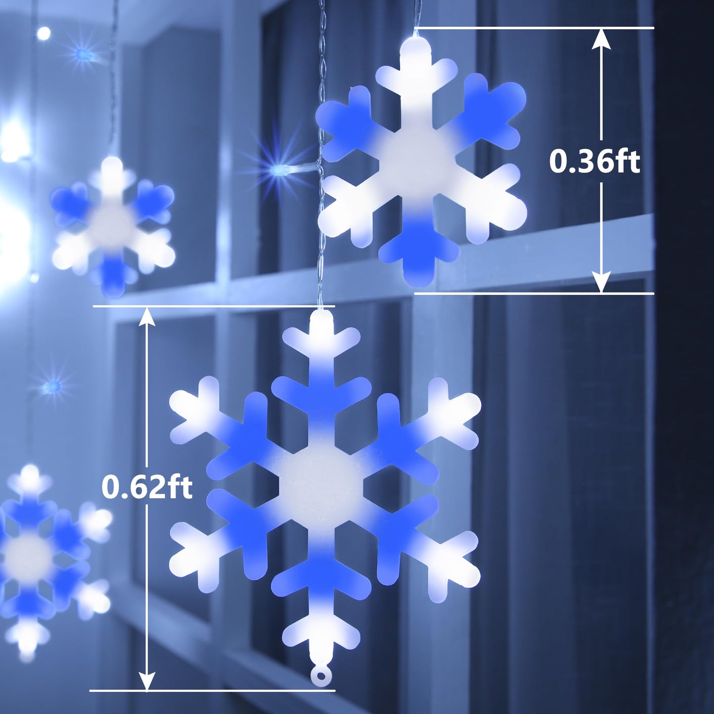 Christmas Snowflake Lights Outdoor, 17.22ft 264 LED Snowflake Icicle Lights with 22 Drops, Connectable, 8 Modes Waterproof Christmas Light for Eaves, Window, Xmas Decor - White & Blue
