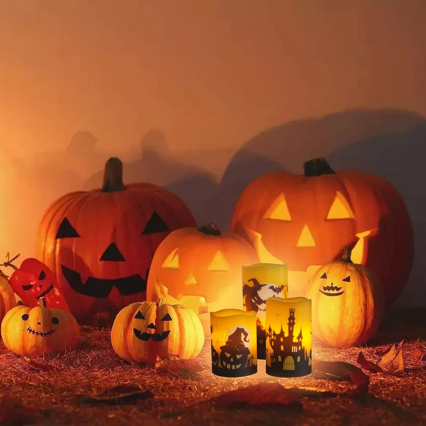 CANDLE CHOICE Halloween Flameless Candles with Remote Timer Real Wax Realistic Flickering Battery Operated LED Pillars with Decals Pumpkin Castle Bat Spider Witch for Halloween Party Decorations 3 PCS