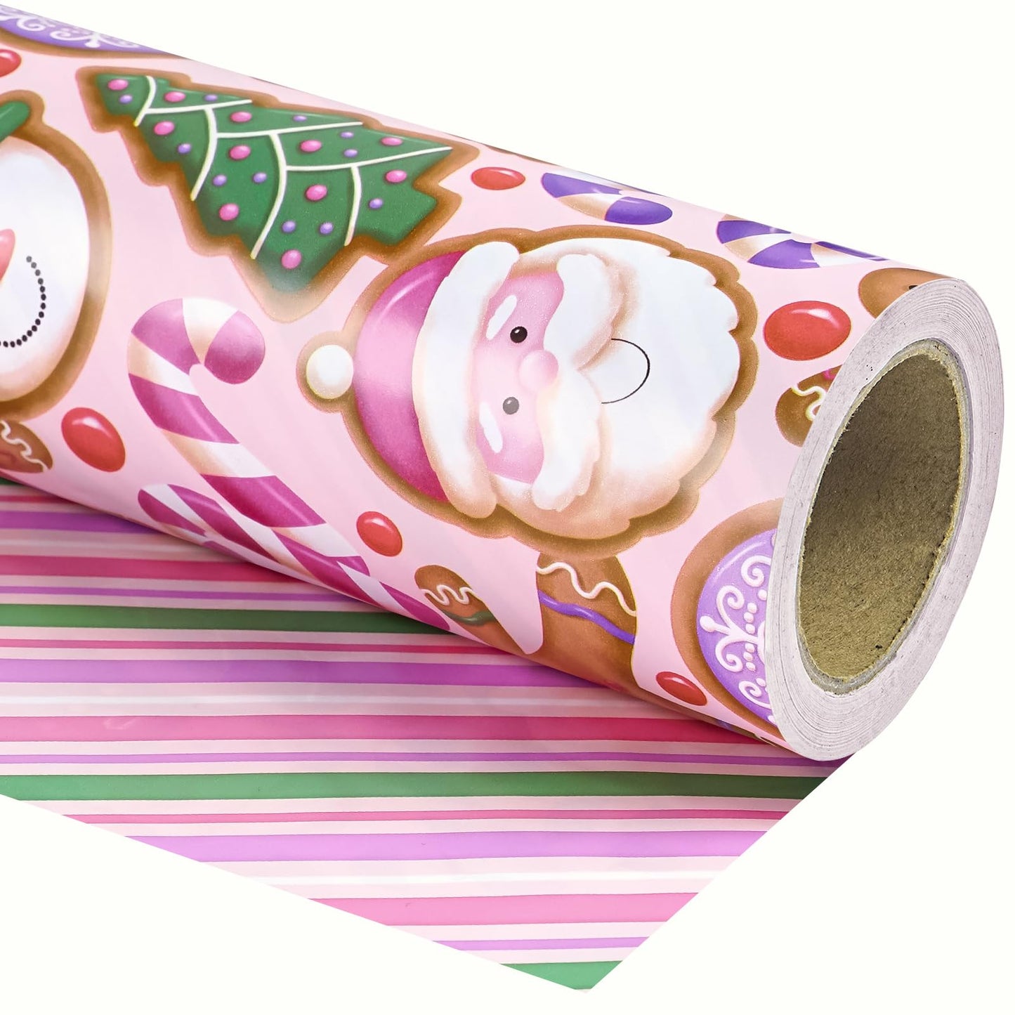30 Inch Jumbo Reversible Gingerbread Christmas Wrapping Paper - 30 Inch x 33 Feet - Pink Purple Stripes and Gingerbread Wrapping Paper for Xmas Holiday, Party Celebration