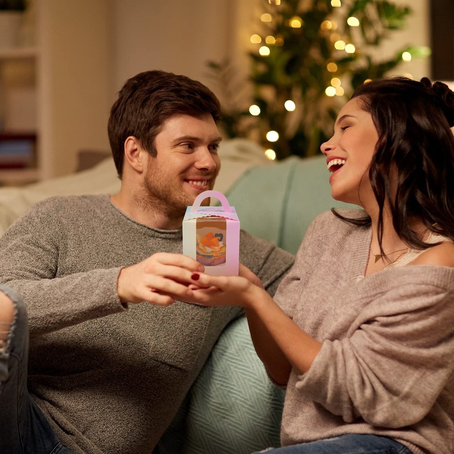 KEYIDO 30 Pcs Individual Cupcake Boxes Gradient Single Cupcake Boxes 1 Hole Cake Box with Clear Window Inserts and 2 Sheets of Stickers for Wedding Birthday Party Favors