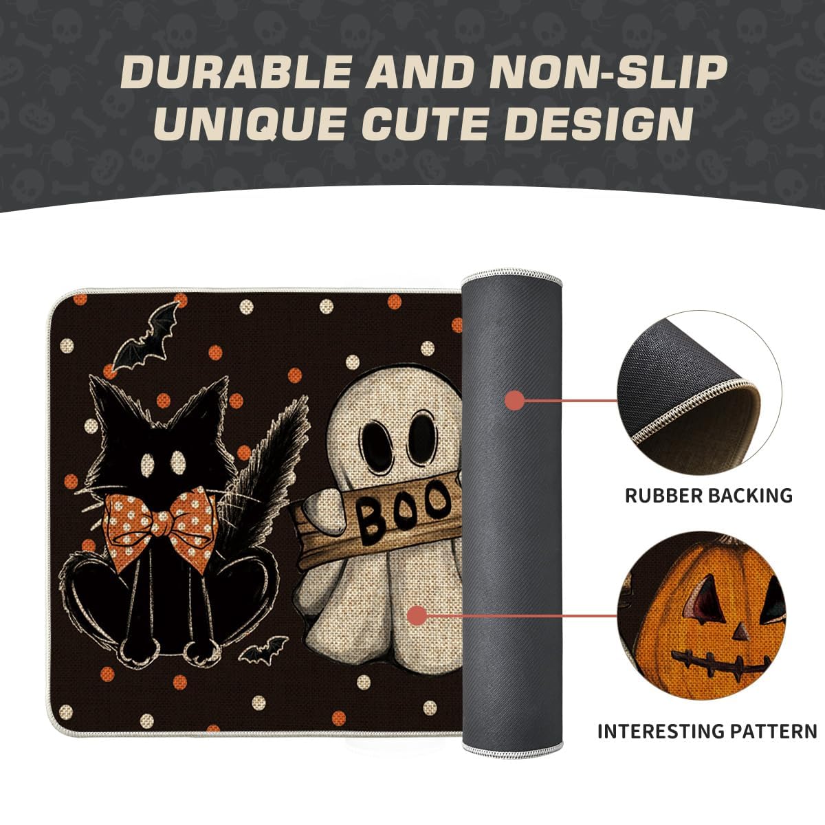 Artoid Mode Black Cat Jack-O'-Lantern Ghost Pumpkins Halloween Doormat, Seasonal Low-Profile Floor Switch Mat for Indoor Outdoor 17x29 Inch