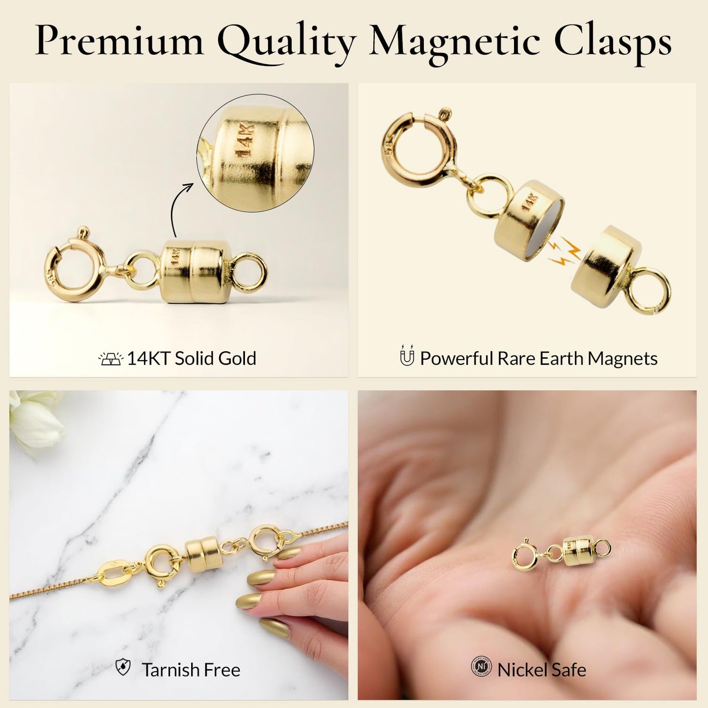 Everyday Elegance Solid 14K Yellow Gold Magnetic Clasps and Closures for Necklaces Bracelets Anklets| Clasp Converter | with Spring Ring Clasp | 2 Clasps | 4.5mm Thickness