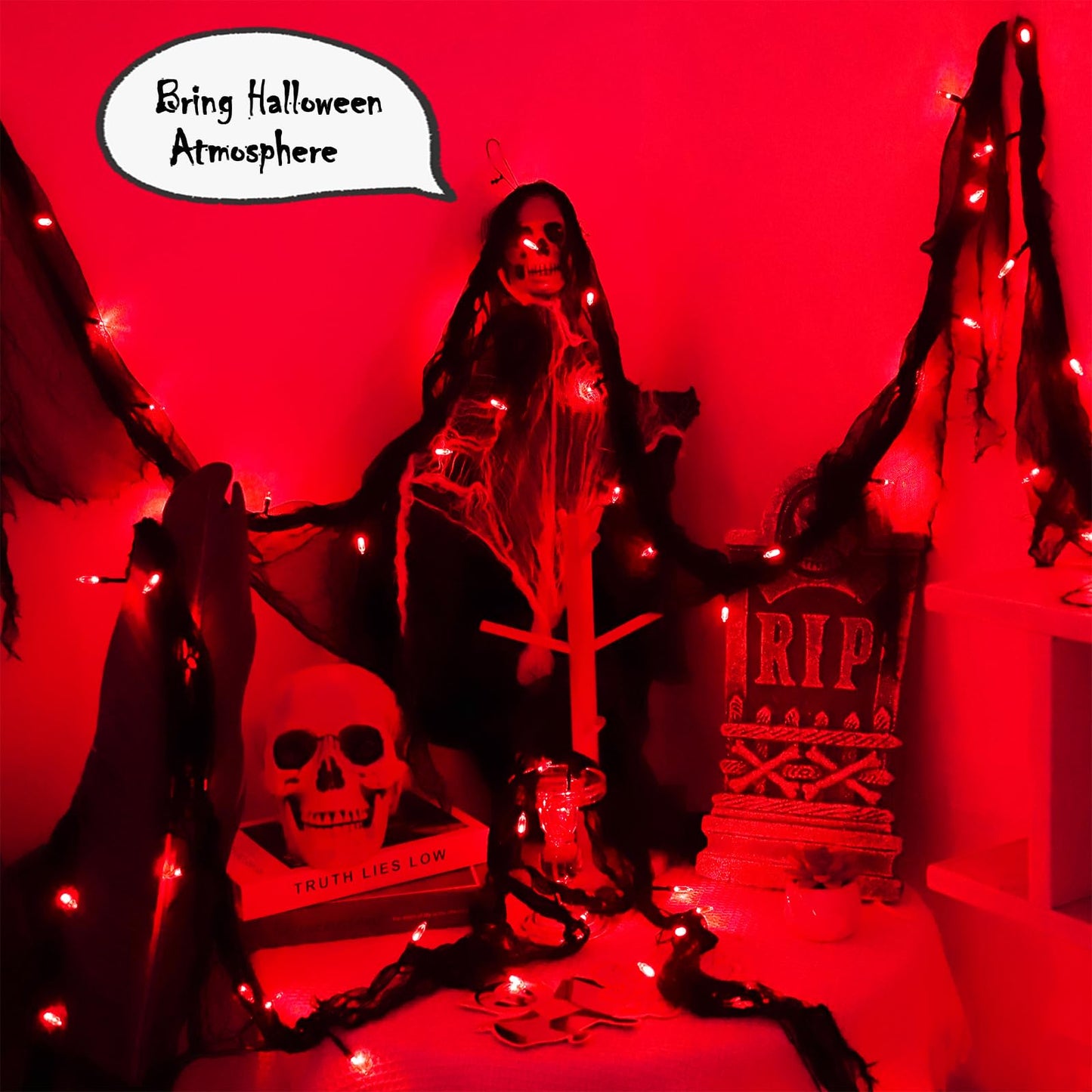 Halloween Decorations String Lights Red Indoor 30LED with Black Gauze Timer, 2Mode Battery Operated 9.9Ft Creepy Cloth Spooky Lights, Gothic Party Room Decor (1PACK