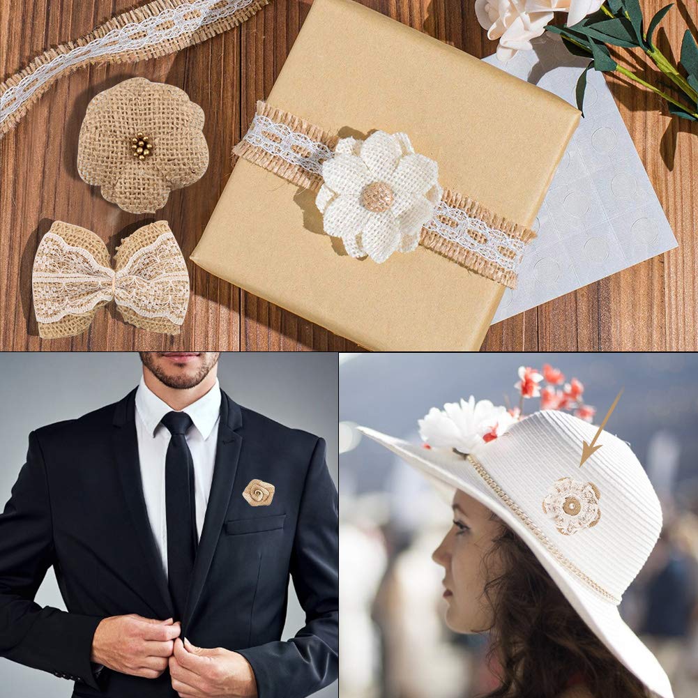 GUIFIER 30 PCS Burlap Flower Set,with 24 Handmade Burlap Flowers and Burlap Bow, 5 Burlap Lace Ribbon Rolls,1 Twine Glue Point Burlap Jute Ribbon for Wedding Party Decor Home Embellishment DIY Crafts