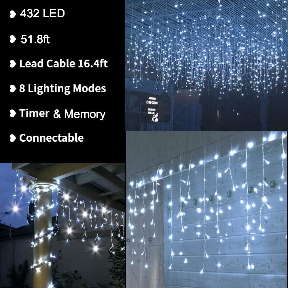 Icicle Christmas Lights, 432 LED 35.4ft 8 Modes Icicle String Lights with 72 Drops, Window Curtain Fairy Lights for Xmas, Eaves, Wedding, Garden, Outdoor, Indoor Decor (Clear White)
