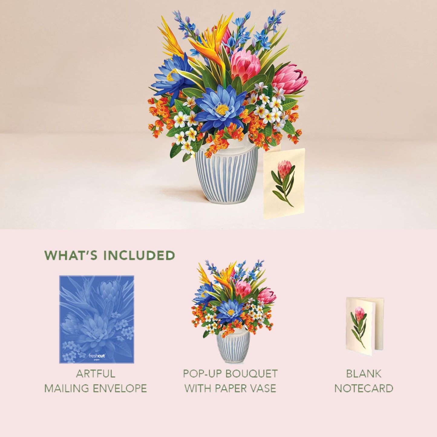 Freshcut Paper Tropical Paradise Pop Up Cards, 12 Inch Life Sized Forever Flower Bouquet 3D Popup Greeting Card, Birthday Cards, Anniversary Card, Blank Notecard & Envelope