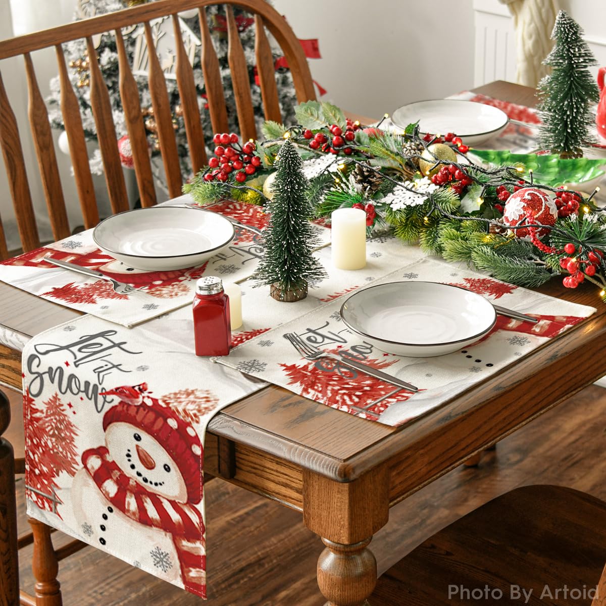 Red Snowman Let It Snow Xmas Tree Merry Christmas Placemats for Dining Table, 12 x 18 Inch Seasonal Winter Washable Table Mats Set of 4
