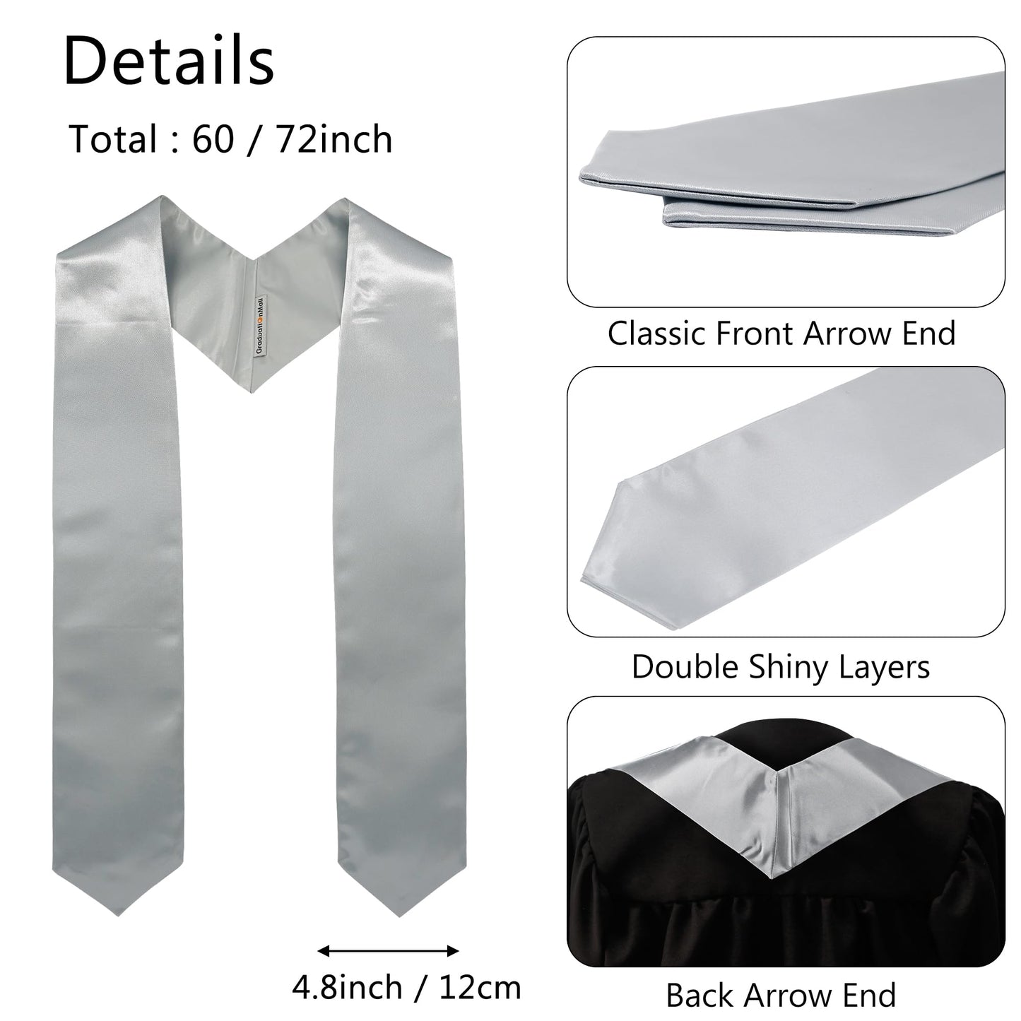 GraduationMall Unisex Adult Plain Graduation Stole 60" Silver