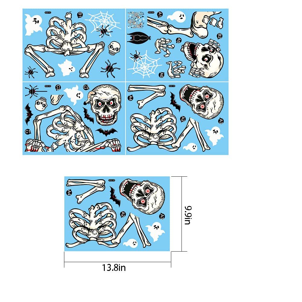 Halloween Skeletons Window Clings 4 Sheets Removable Skull Window Stickers Decals for Day of The Dead Fall Haunted House Party Glass Decoration Supplies