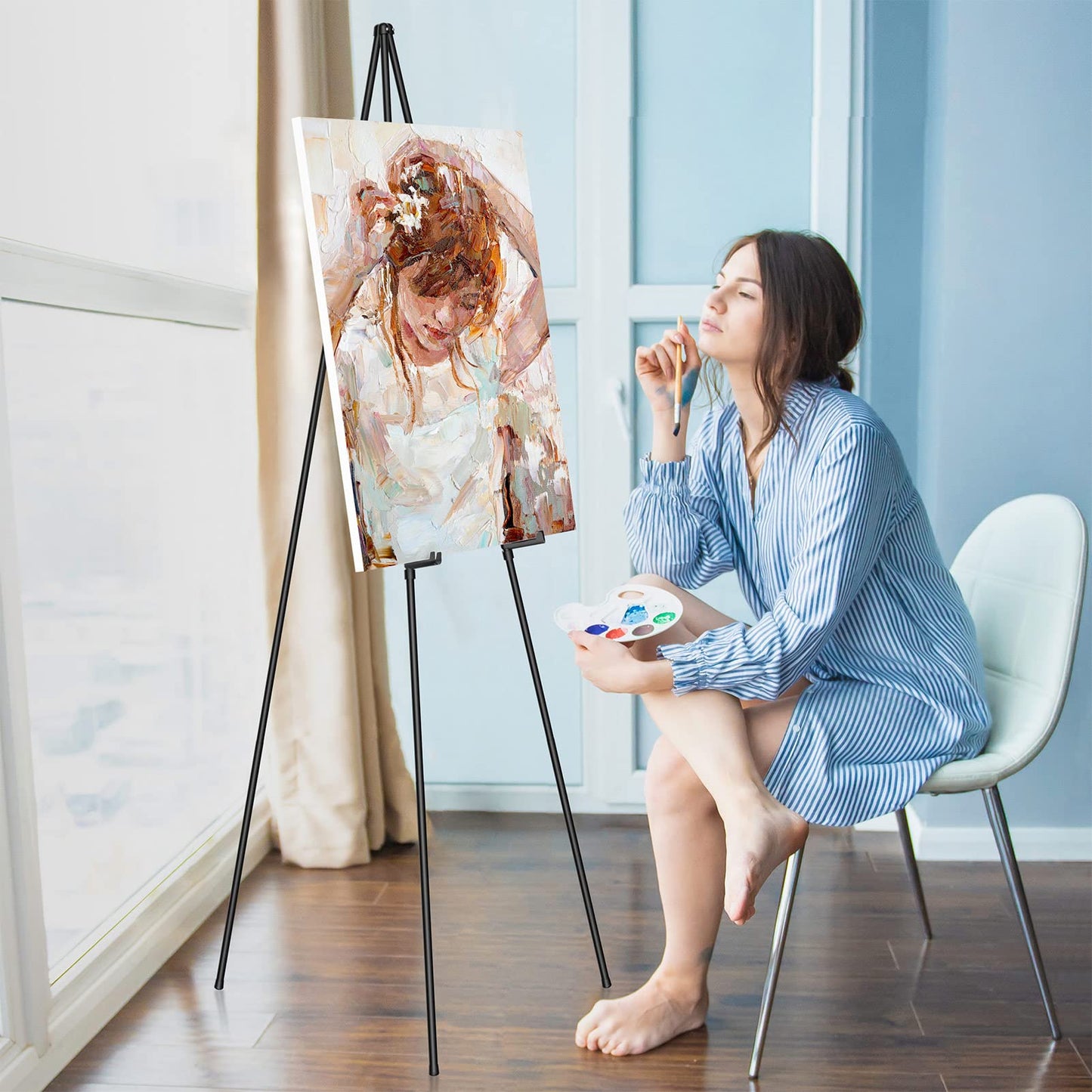 SunyesYoon Display Black Easel Stand for Wedding Sign - Artist Instant Tripod Collapsible Portable Floor Easel for Posters- 63" Adjustable Easy Folding Metal Stand for Display Show, Arts, Painting