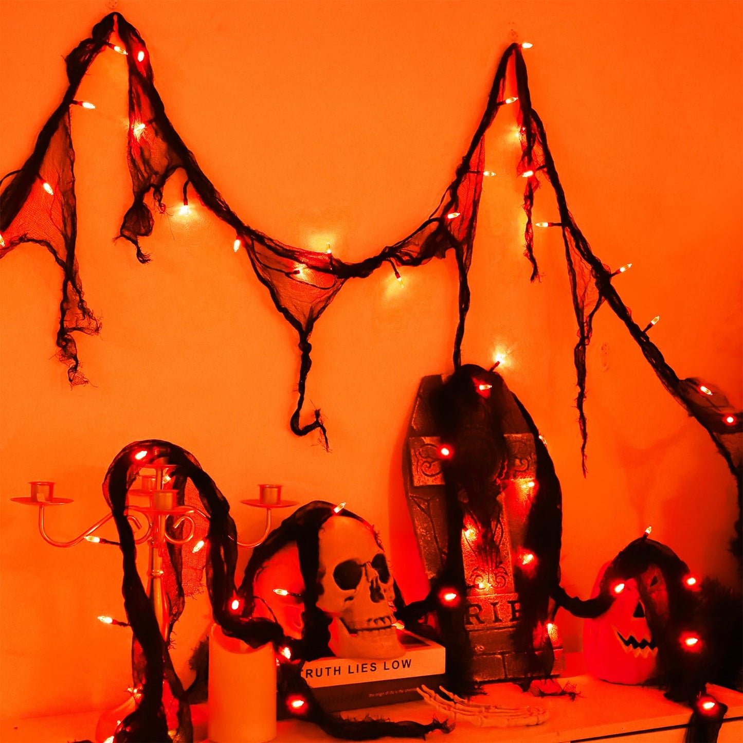 Halloween Decorations String Lights Indoor Battery Operated Powered, 30LED Orange Fairy Lights Timer 8 Mode 9.9Ft, Fall Garland with Black Cloth Gauze, Gothic Party Room Mental Fireplace Decor 1PACK