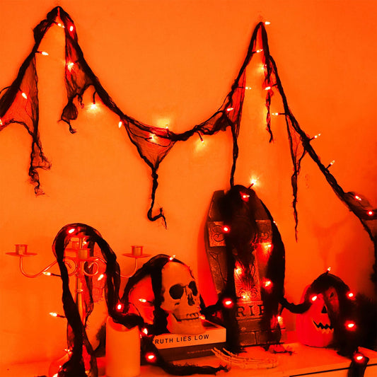 Halloween Decorations String Lights Indoor Battery Operated Powered, 30LED Orange Fairy Lights Timer 8 Mode 9.9Ft, Fall Garland with Black Cloth Gauze, Gothic Party Room Mental Fireplace Decor 1PACK