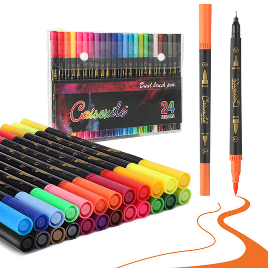 CAISEXILE 24 Colors Duo Tip Pen Art Markers, Artist Fine & Brush Tip Marker Coloring Markers for Adult Coloring Book Journaling Note Taking Lettering Calligraphy Drawing Pens Supplies