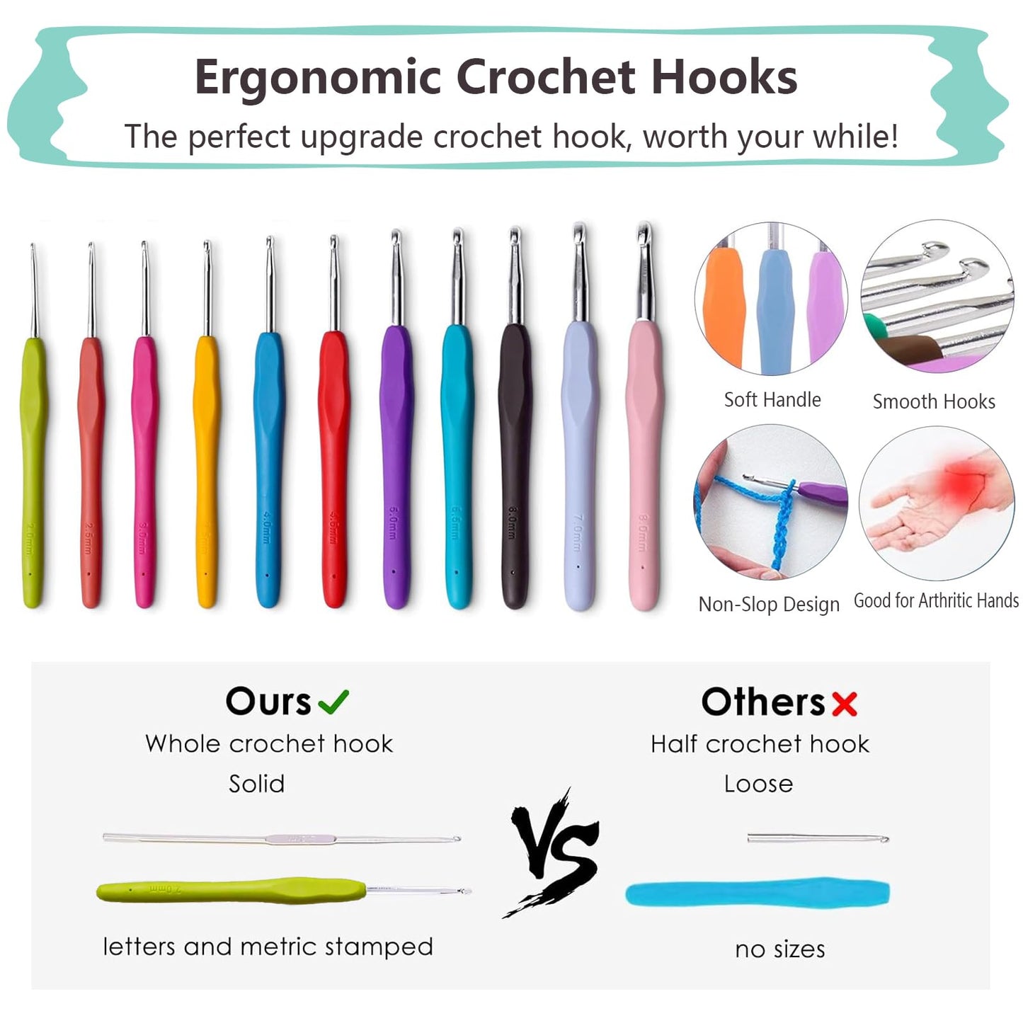 Buylorco Crochet Hooks 11 Size Crochet Hook Set with Soft Handle and Case Crochet Needle Kit for Beginners Knitting Needle Kit Yarn Crochet Kit 2mm(B) to 8mm(L)