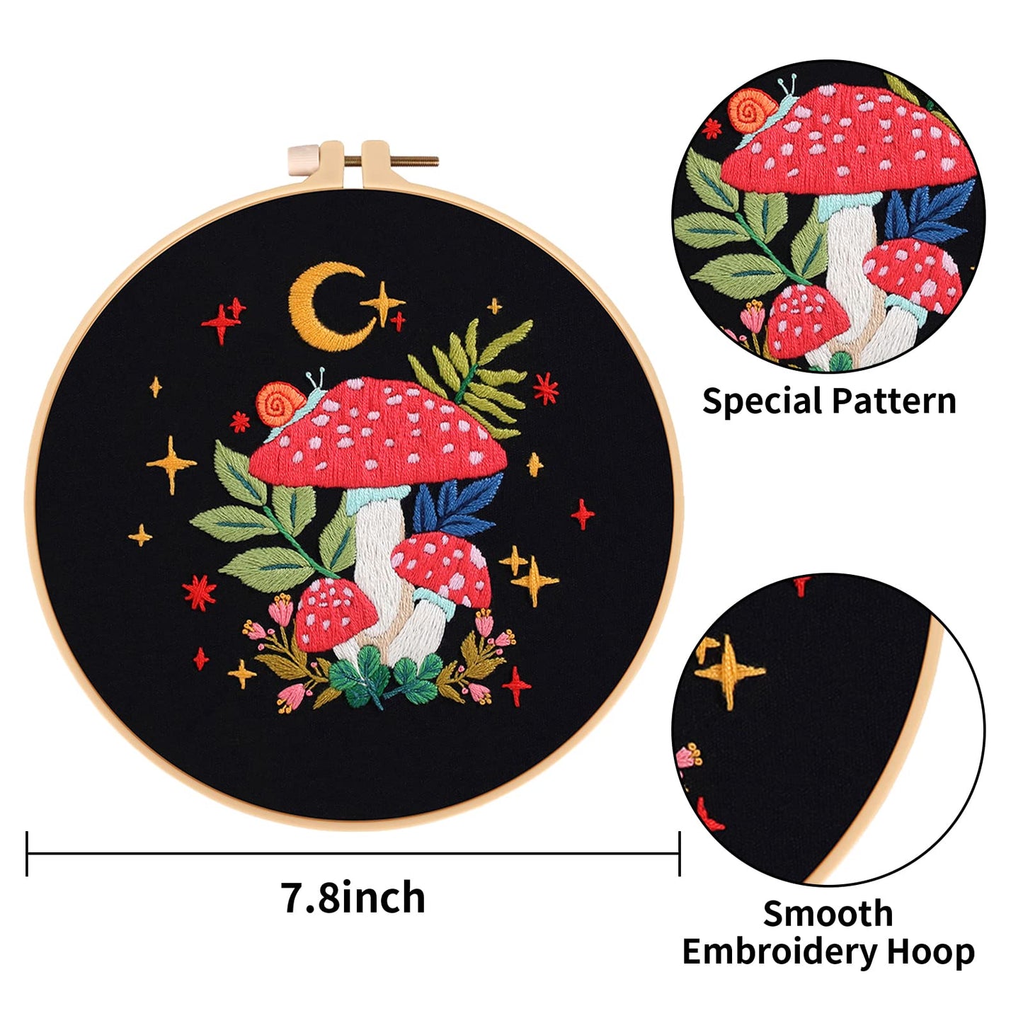 Nuberlic 3 Pack Embroidery Kit for Beginner Adults, Stamped Cross Stitch with Mushroom Patterns Include 3 Hoop, Cloth Thread Needles and Instructions