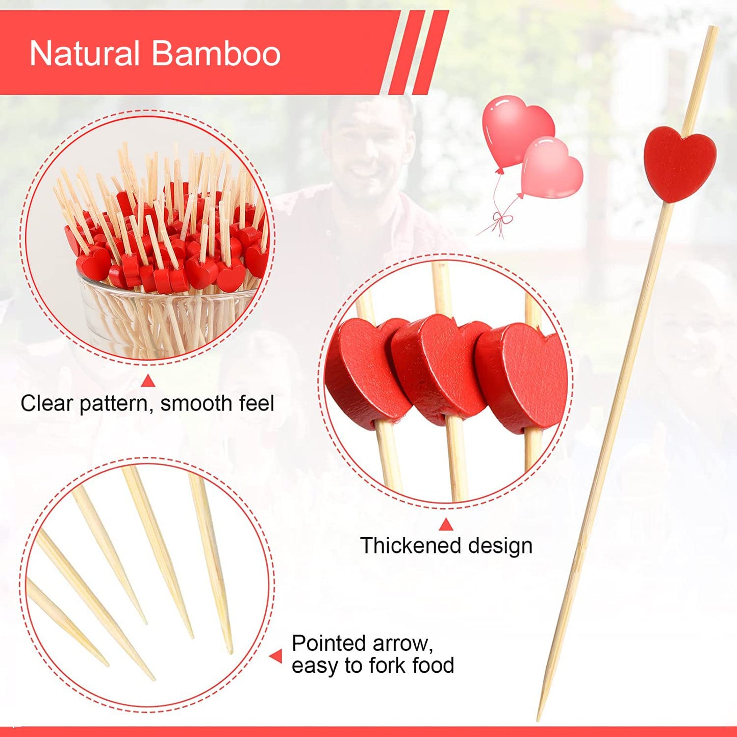 100pcs Red Heart Cocktail Picks 4.7" Long Fruit Sticks Food Toothpicks Sandwich Appetizer Charcuterie Skewers, Handmade of Bamboo Wood, for Birthday, Wedding, Valentines Day Decoration Party Supplies