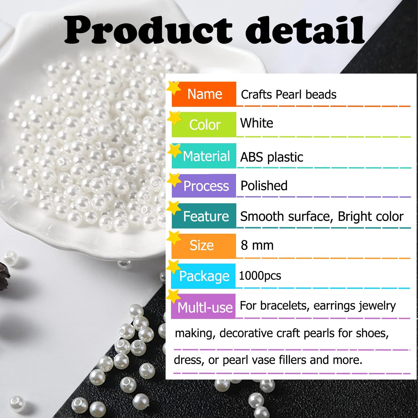 HILELIFE Pearl Beads for Jewelry Making - 1000 PCS 8mm White Pearls for Jewelry Making, Pearls for Crafts, Round Loose Pearls Beads with Hole for Necklaces Bracelets Earrings Choker Making