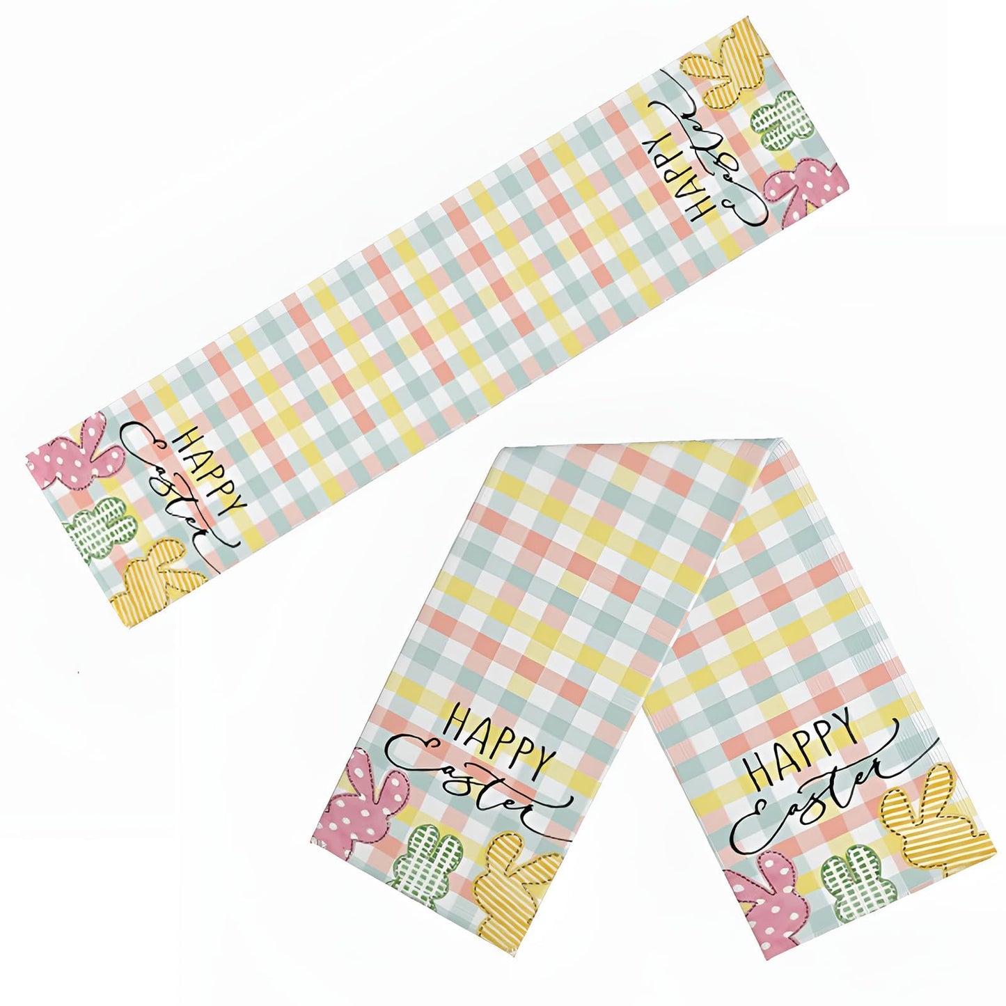 Buffalo Plaid Rabbit Bunny Happy Easter Table Runner, Easter Decorations, 13x72 Inch Check Stripes Kitchen Table Decor, Spring Kitchen Dining Table Decoration for Home Party Decor