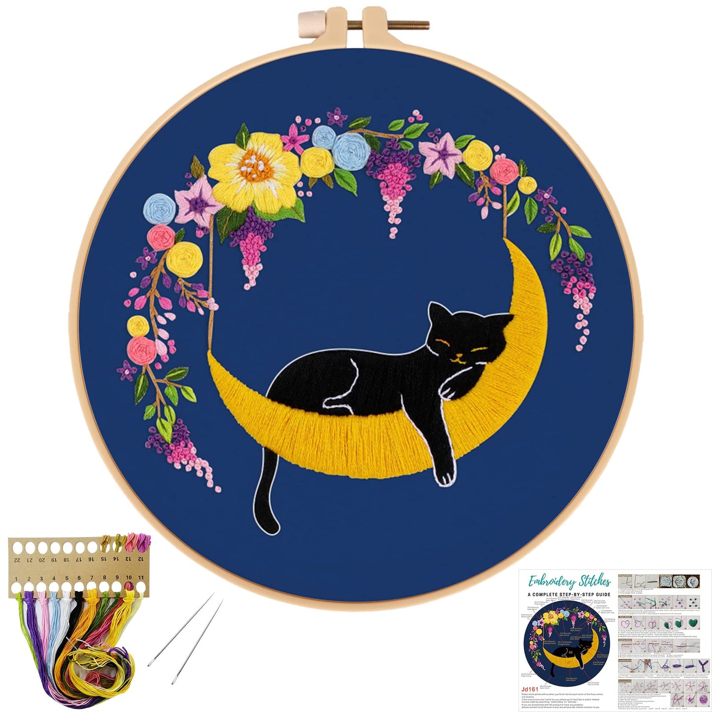 Louise Maelys Cat Moon Embroidery kit for Beginners,Cross Stitch Kits for Adult Including Cloth,Hoop, Color Threads,Needles and Instruction