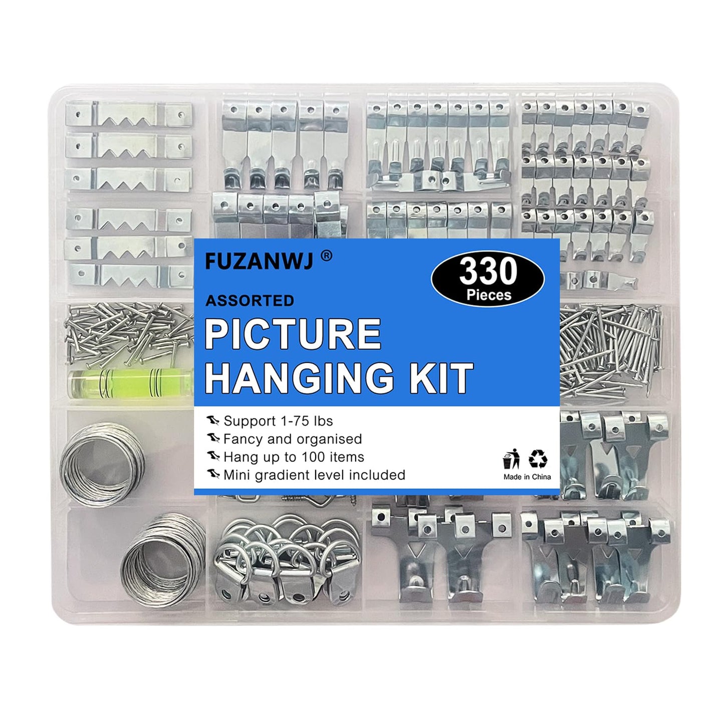 330pc Picture Hanging Kit - Wall Hangers, Nails, Wire, Screw Eyes, D Rings & Tool for Frame & Canvas Mounting