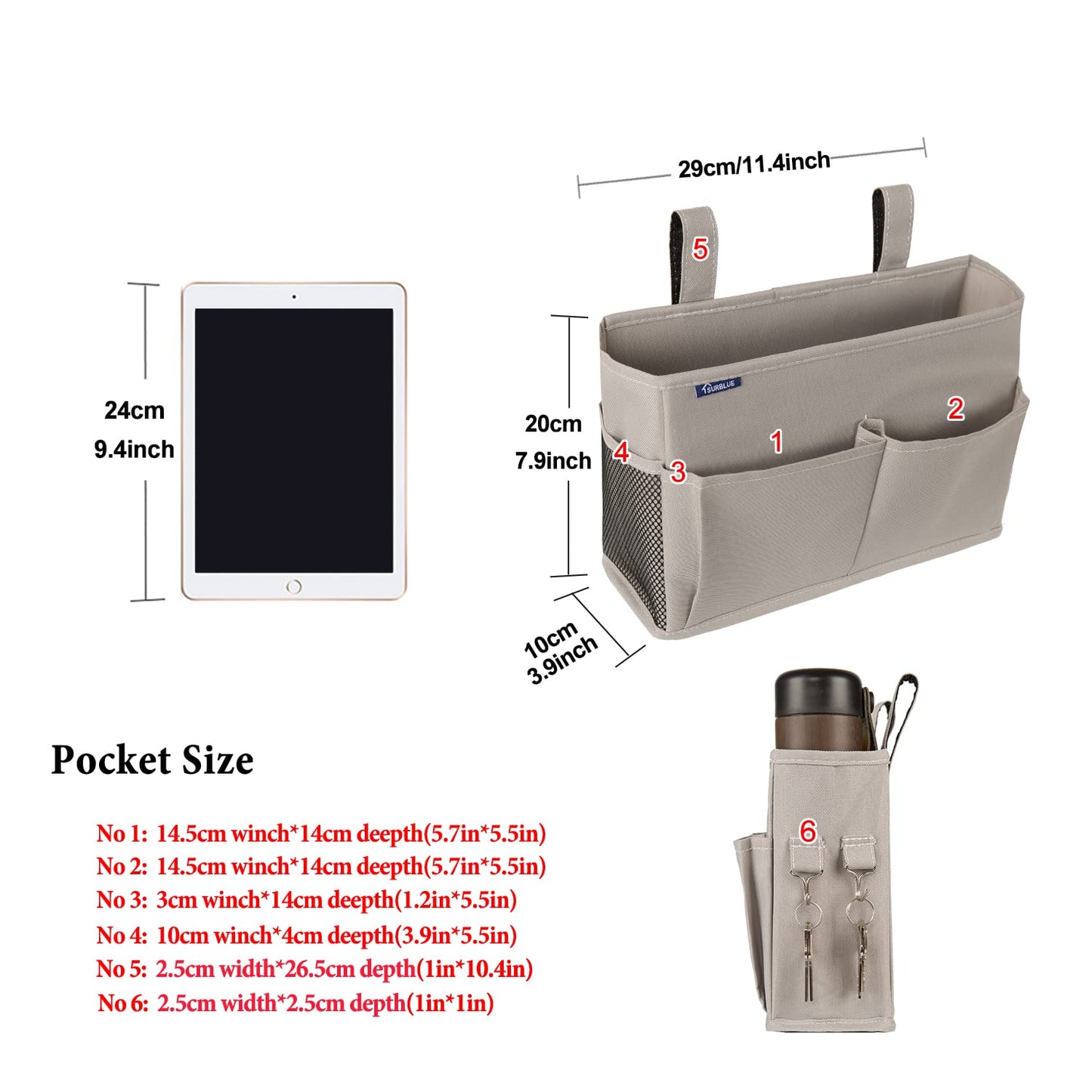Surblue Bedside Caddy Hanging Bed Organizer Storage Bag Pocket for Bunk and Hospital Beds, College Dorm Rooms Baby Bed Rails,Camp 4 Pockets and 2 Hooks (Gray)