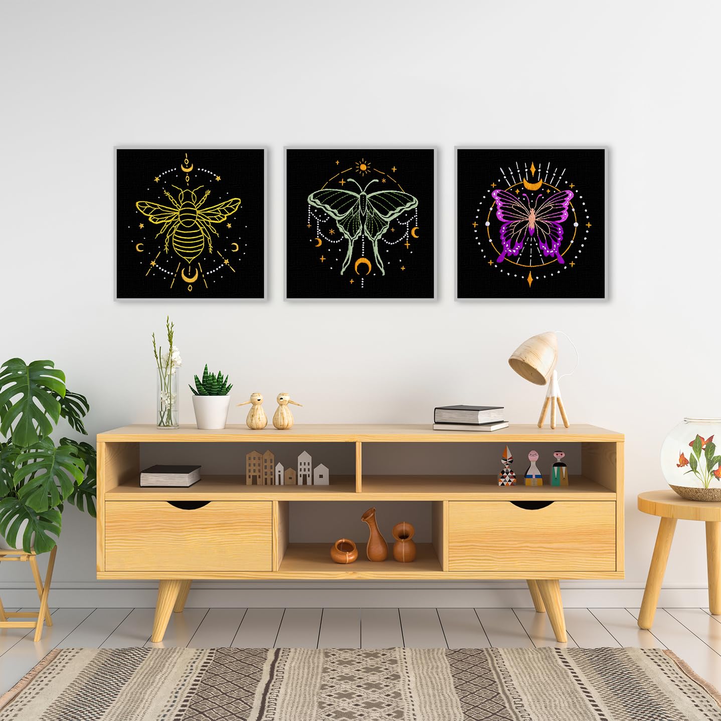 3 Sets Tarot Embroidery Kits for Beginners,Cross Stitch Kit for Adults,Crewel Starters Needlepoint with Moon, Butterfly, Bee and Moth Pattern and Tool