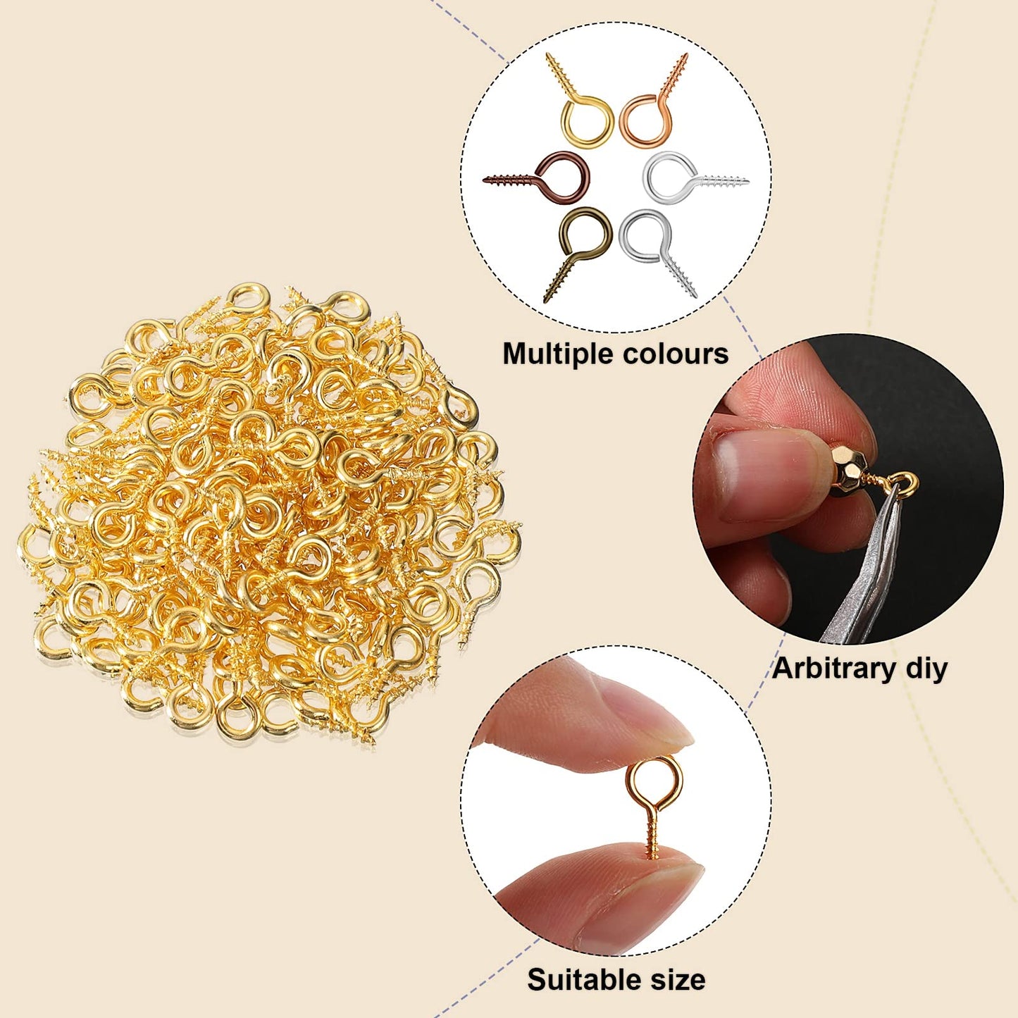 600 Pcs Screw Eye Pins Hooks 6 Colors Small Metal Eyelet Mini Screw Pin Peg Self Tapping Eye Hooks for Jewelry Making DIY Art Crafts(4 x 8 mm, 5 x 10 mm, 6 x 13 mm)