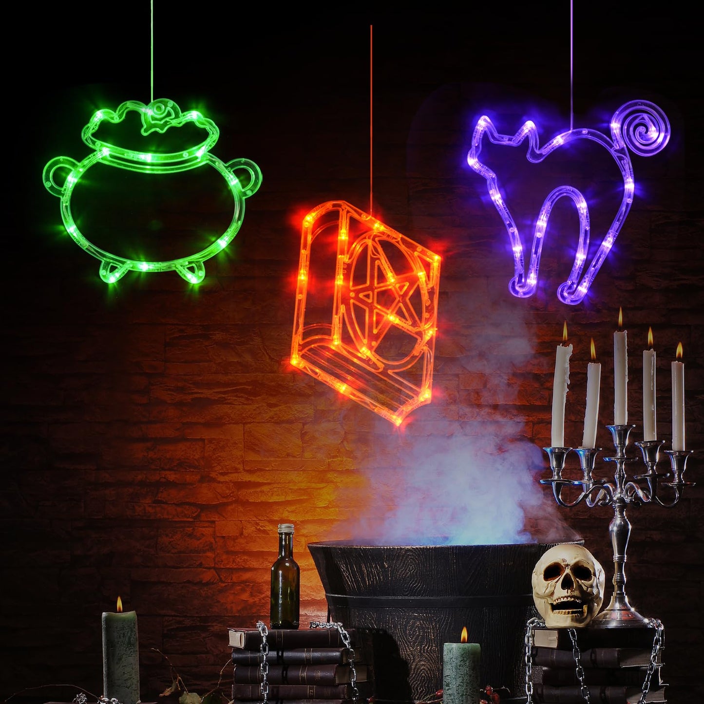 LOLStar Halloween Lights, 3 Packs Spellbook, Cat and Cauldron Halloween Lights with Suction Cup, Upgrade Timer and Slowly Fade Mode Battery Operated Indoor Lights for Halloween Window Decoration