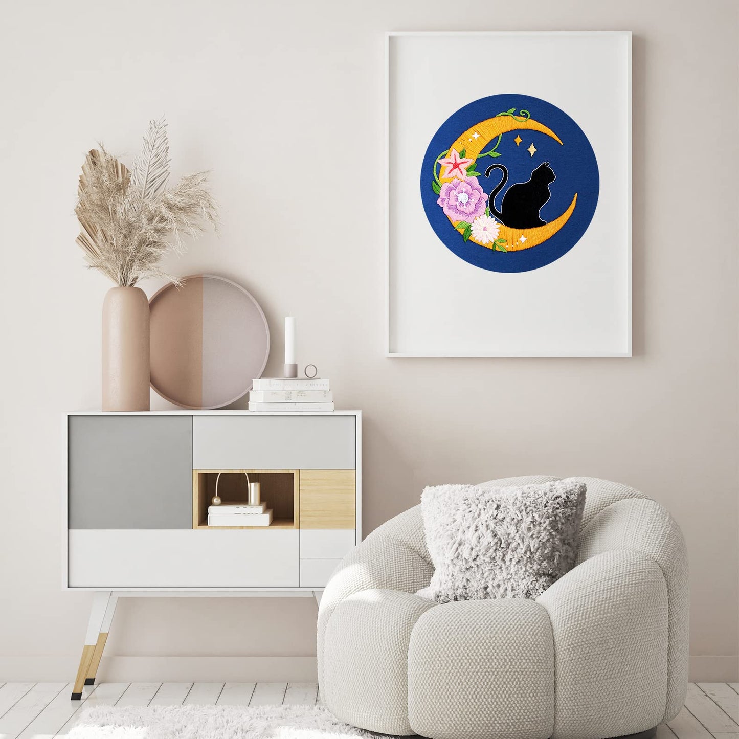 Louise Maelys Cat Moon Embroidery Kits for Beginners with Floral Pattern,Adults Starter Cross Stitch Kit DIY Needlepoint