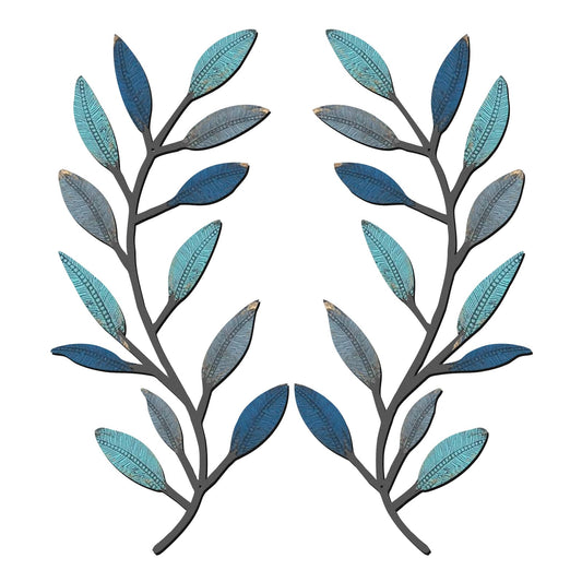 2 Pieces Metal Tree Leaf Wall Decor Vine Olive Branch Leaf Wall Art Living Room, Hallway Wall Decor Outdoor Decoration(Vintage Blue)